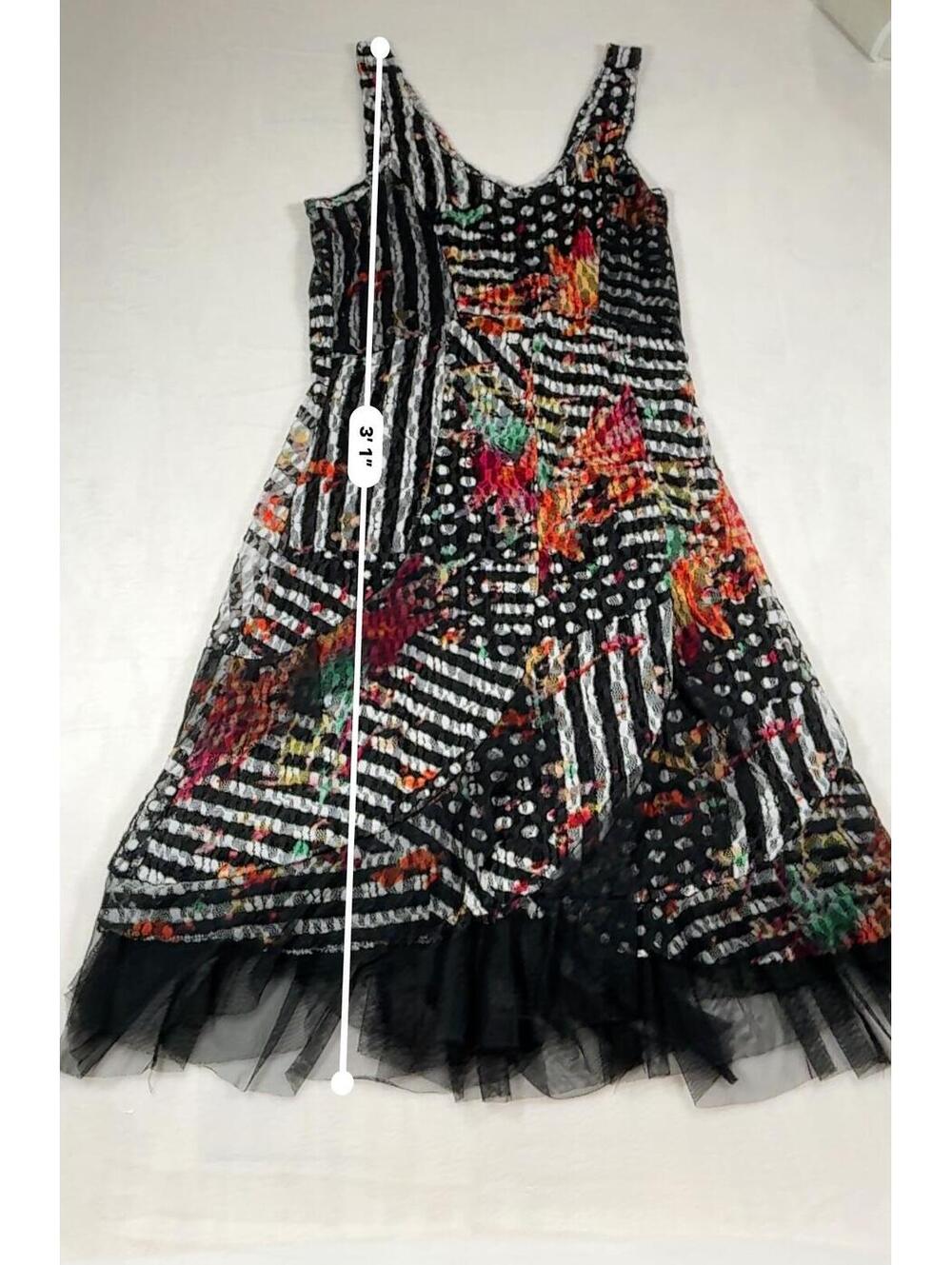 Tango Mango Vintage Black Multicolor Floral Striped Tulle Hem Dress Size S - Picture 4 of 7